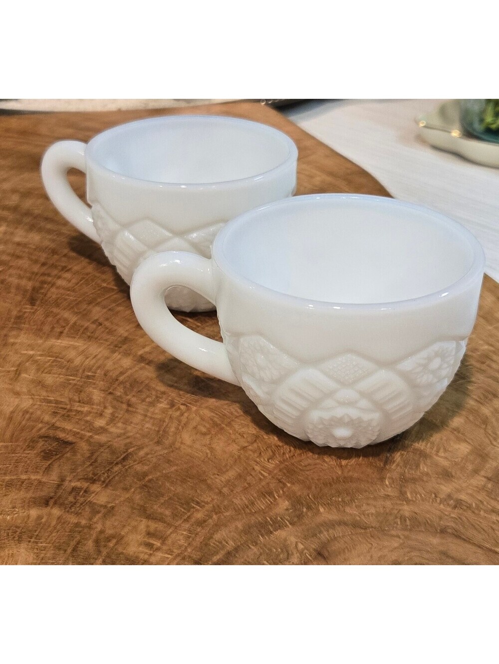 Vintage White Milk Glass Coffee Punch Cups with Embossed Pattern Set of 2
